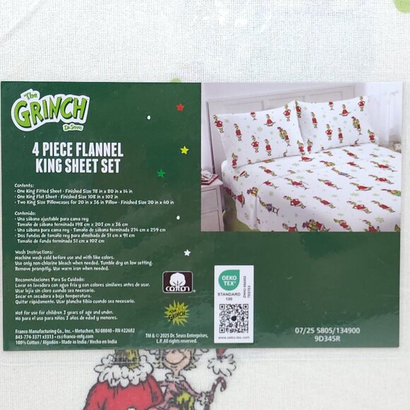 Dr. Seuss The Grinch 4-Piece Flannel King Sheet Set 100% Cotton Soft Comfortable - Picture 10 of 11
